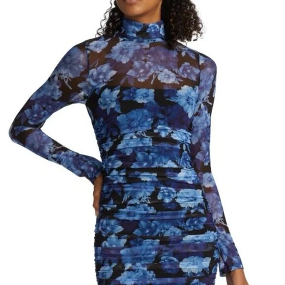 ALICE + OLIVIA  Sz 8 DELORA FLORAL RUCHED STRETCH MESH BLUE BODY-CON DRESS NWOT - Picture 1 of 5